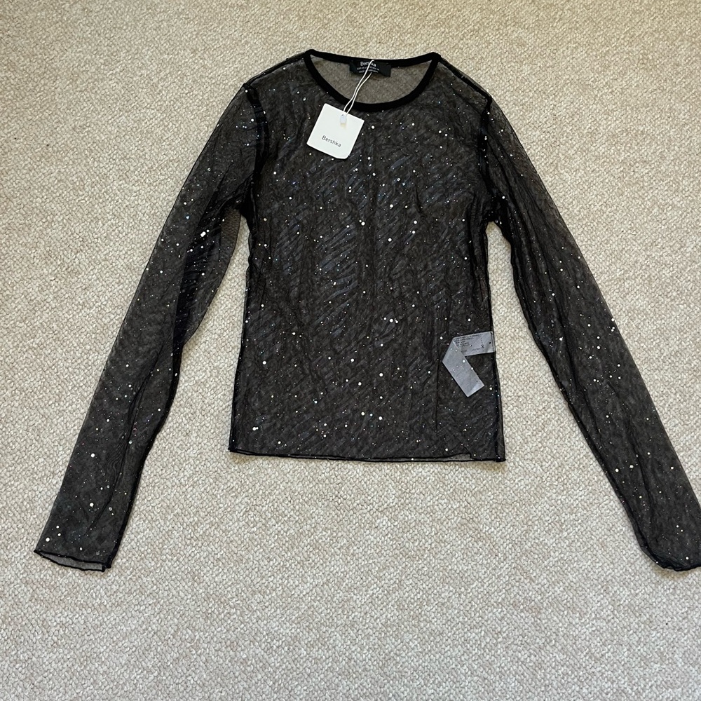 Bershka Black Sequin Mesh Long-Sleeve Top